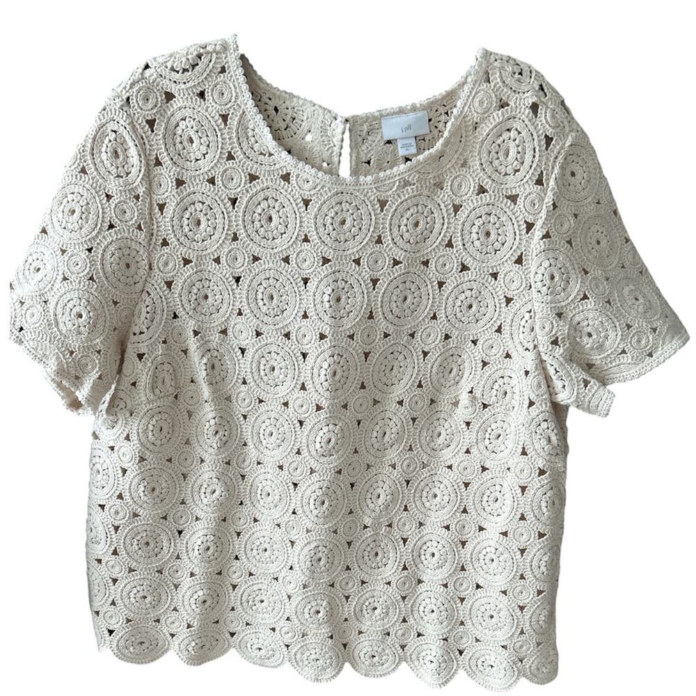 Crochet Lace Tee in Barley Ivory Cream Cotton Scalloped Hem Size XL